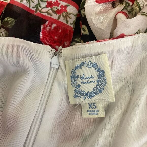 Blue Rain Women XS Square Neck White Red Floral Mini Peasant Dress Balloon Sleev - Picture 13 of 16